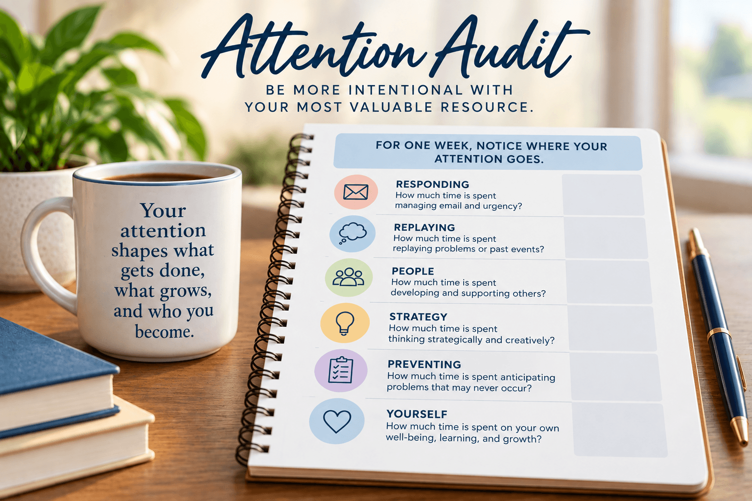 Leadership attention audit worksheet for managing priorities, personal growth, and focus during transition.