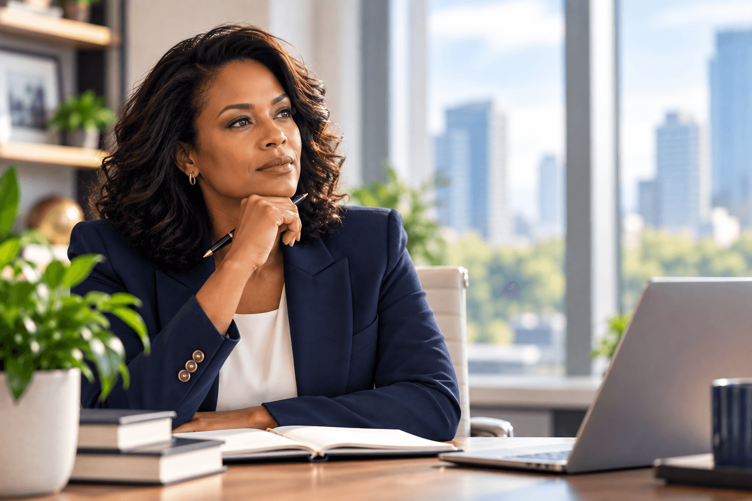 Business professional reflecting on leadership, strategy, and transition while working in a modern office.